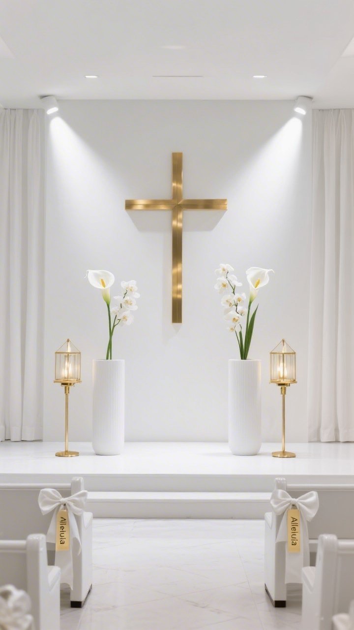Straight-on medium shot: A modern minimal sanctuary with white-on-white layers and bold gold accents. A pristine white backdrop of fabric panels or painted foam boards supports a sleek brushed-gold cross centered prominently. Two tall cylinder vases flank it, each holding a single white calla lily (or orchid) for sculptural drama. Narrow-beam spotlights illuminate the cross while dim house lights create contrast. A low white platform anchors the scene with two symmetrical gold floor lanterns; white satin pew bows with minimalist gold tags etched “Alleluia” visible in the foreground. Clean, editorial, photorealistic, no people.