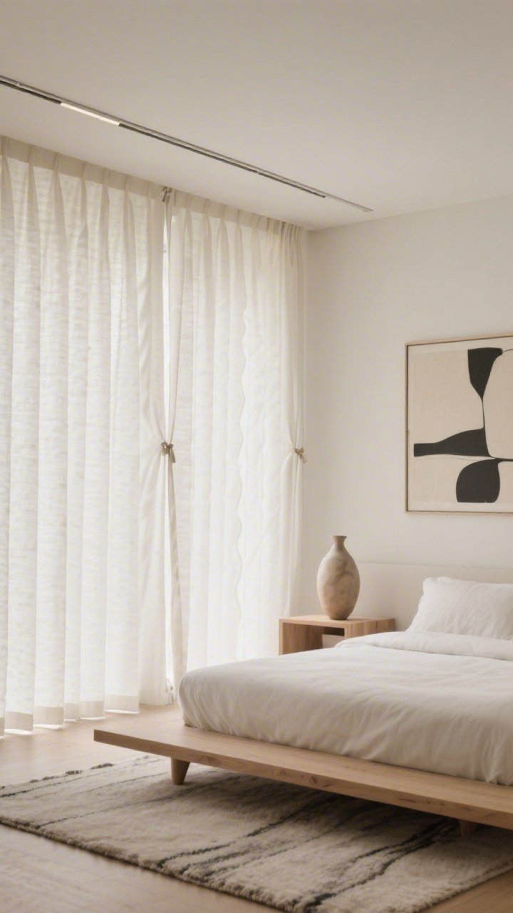 Straight-on medium shot, diffuse gallery light: Modern minimal bedroom featuring ripplefold curtains in warm white with a faint texture on a discreet ceiling track running wall-to-wall, creating a continuous fabric plane; plastered off-white walls, a pale oak platform bed, a low sculptural nightstand with a single ceramic vase, an abstract print, and a minimal wool rug; hidden tie-backs behind panels; serene, contemporary quiet luxury, photorealistic.