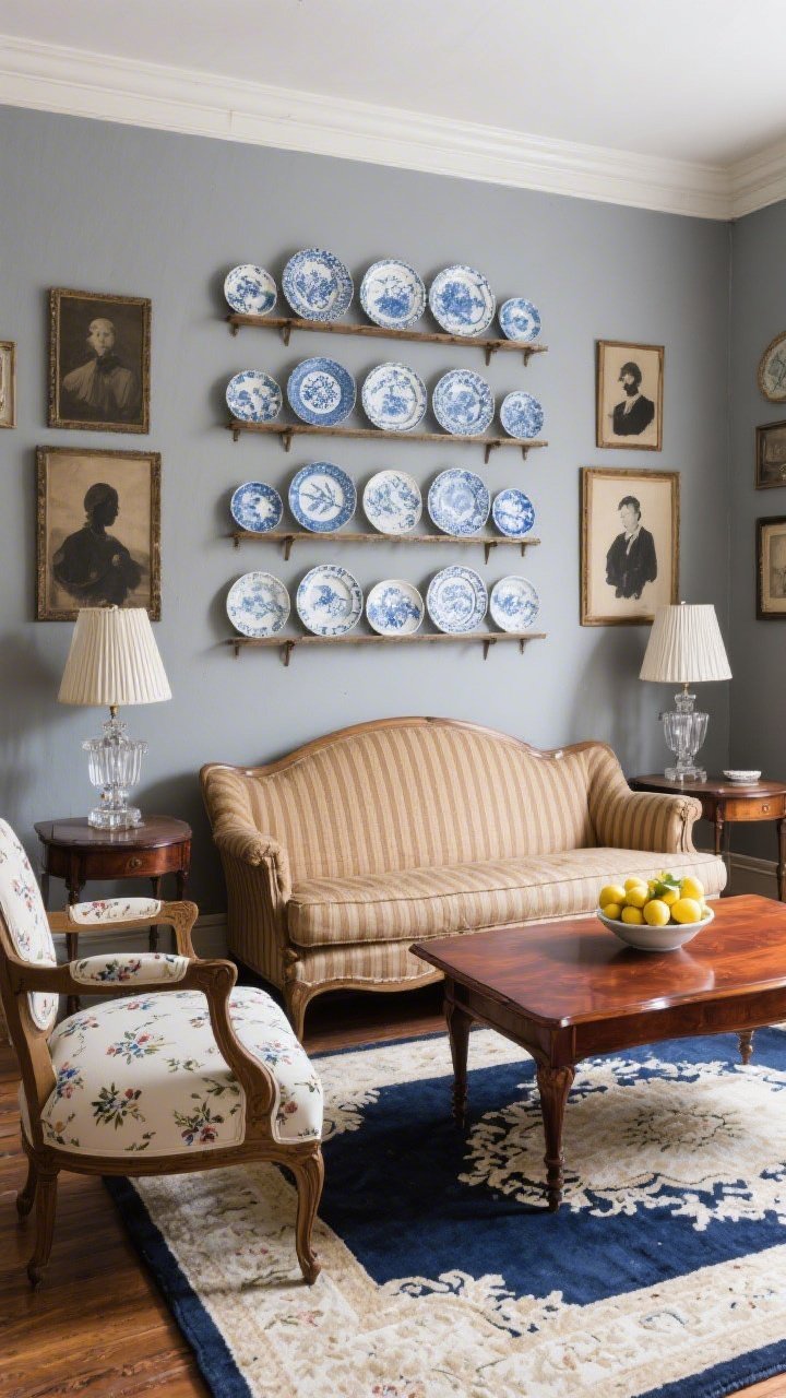 Straight-on medium shot, Heirloom Eclectic wall and seating: French gray walls lined with plate racks displaying blue-and-white china (Willow, Delft, mismatched flea-market finds). A camelback sofa in ticking stripe faces a polished cherry wood coffee table set atop a navy-over-ivory Oriental rug. Queen Anne side chairs re-covered in petite floral flank the scene. Crystal table lamps with pleated shades sit on side tables; silhouette portraits hang nearby; a bowl of fresh lemons adds a bright pop. Crisp, collected, softly lit.