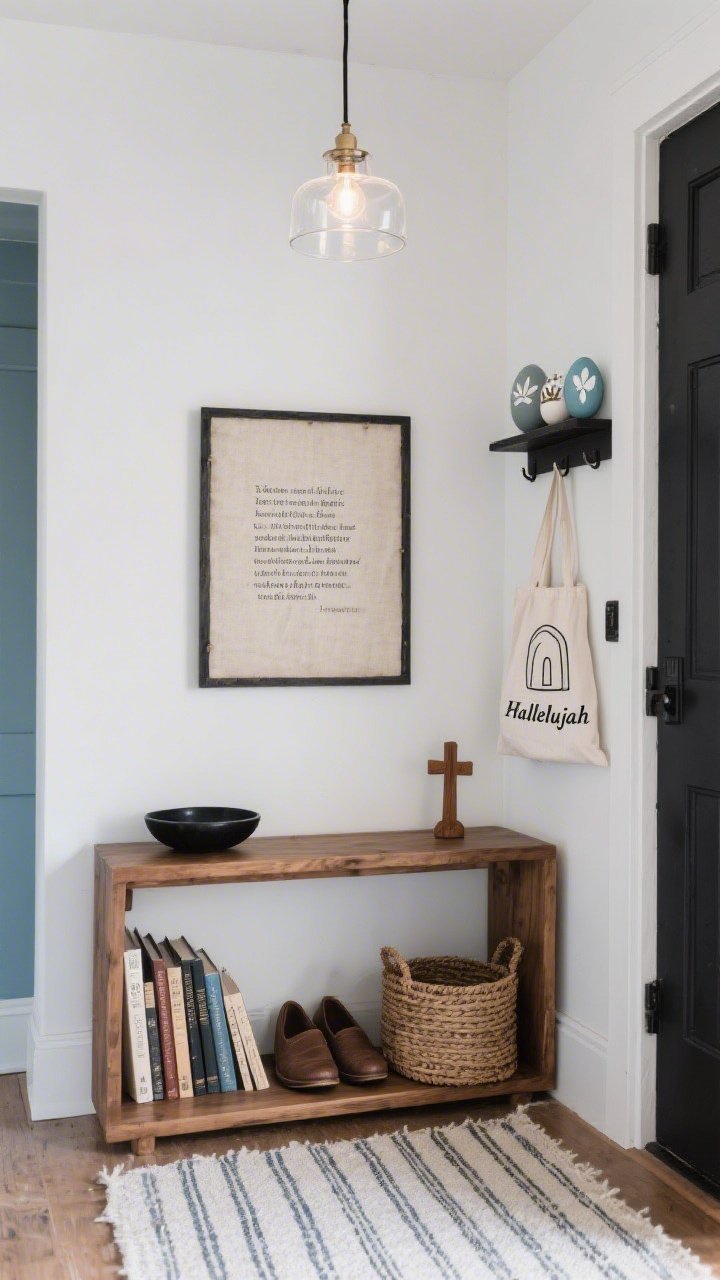 Straight-on medium shot, Minimalist Entryway of Hope: black, white, and natural wood palette with a dusty blue accent; slim natural-wood console beneath a DIY framed verse printed on textured paper, centered and minimal; console styled with a matte black bowl catchall, a neat stack of hymnals, and a small hand-carved wooden cross; adjacent narrow wall shelf holds three resurrection eggs painted in chalky tones (lily, crown, empty tomb icons); woven basket for shoes and a simple peg rail with a linen tote embroidered “Hallelujah”; flatweave rug with subtle stripe; warm glow from a simple glass pendant; calm, restrained atmosphere; no people, photorealistic.
