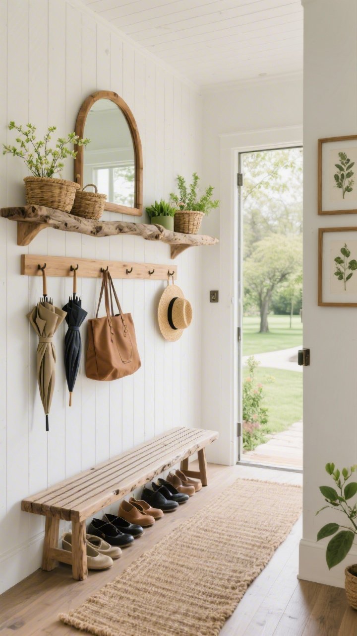 Straight-on medium shot of a garden-inspired entryway: creamy white vertical beadboard or tongue-and-groove panels, solid oak peg shelf running the length of the wall holding bags, straw hats, and umbrellas, slatted shoe bench on the floor, long live-edge driftwood shelf above styled with baskets and spring greens, gentle-arched wood-framed mirror, jute runner underfoot, subtle olive accents and pressed-botanical frames as seasonal decor; soft natural daylight, fresh park-walk mood, photorealistic.