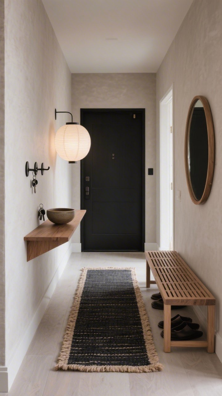 Straight-on medium shot of a Japandi entryway with calm, balanced minimalism; limewash taupe walls, narrow ash wood console with a low ceramic bowl for keys, minimalist wall hooks, round paper lantern casting soft ambient light; a charcoal-and-flax rug runner with a tightly woven, stain-resistant performance fiber and a chunky border stretching down the corridor; slatted shoe bench and simple oval mirror reflecting natural oak and soft black accents; visually quiet, grounding, photorealistic.