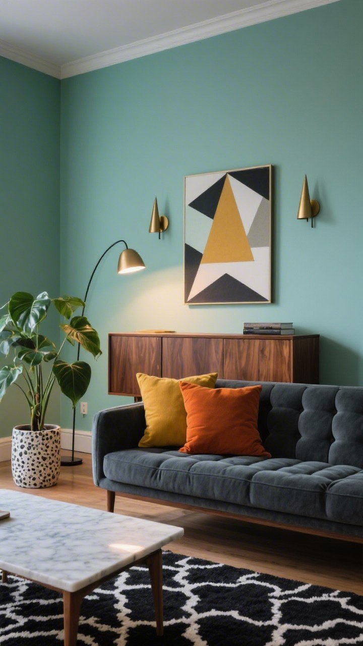 Straight-on medium shot of a mid-century lounge vignette: a crisp, slightly cool mint green accent wall behind a walnut credenza and a low, tufted smoky charcoal sofa. Flank a bold geometric art print with cone-shaped brass sconces. Ground the scene with a black-and-ivory patterned rug; add pillows in mustard and burnt orange on the sofa. Include a sculptural arc floor lamp casting a soft pool of light over a marble-topped side table and a rubber plant in a terrazzo pot for height. Graphic contrast, evening ambient glow, photorealistic.