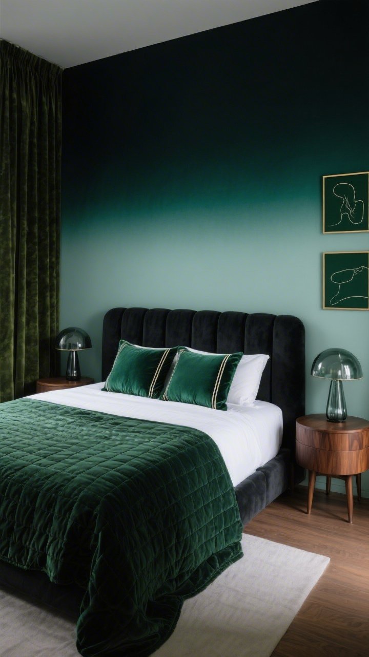 Straight-on medium shot of a moody bedroom wall with a horizontal ombré behind the bed, melting from inky green-black at the base to misty mint on top; low upholstered charcoal velvet bed with crisp white linen sheets and a deep green quilt folded at the foot; walnut nightstands with rounded edges; smoked glass mushroom lamps casting a soft glow; silk emerald pillow shams with satin piping; moss velvet curtains lightly puddled; minimal line drawings with dark green mats in thin brass frames; dim, cocooned atmosphere, photorealistic