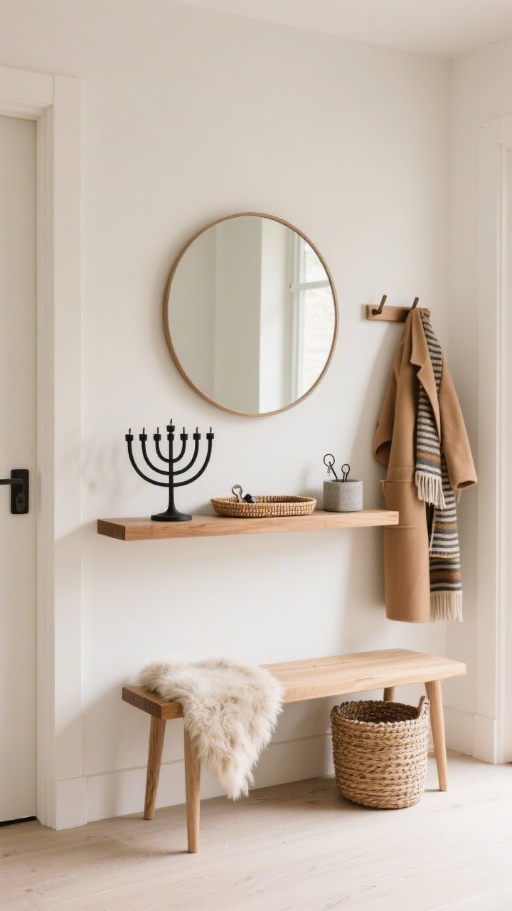 Straight-on medium shot of a Scandinavian entryway: white oak floating ledge beneath a round mirror, soft beige and cream palette with warm oak. Matte black metal menorah centered on the ledge, anchored by a woven tray with keys and a mini concrete catchall; peg rail holding a camel coat and striped scarf. Slender bench with a sheepskin throw and a woven storage basket below. Natural diffuse daylight; tight edit—three objects max—clean, modern, photorealistic.