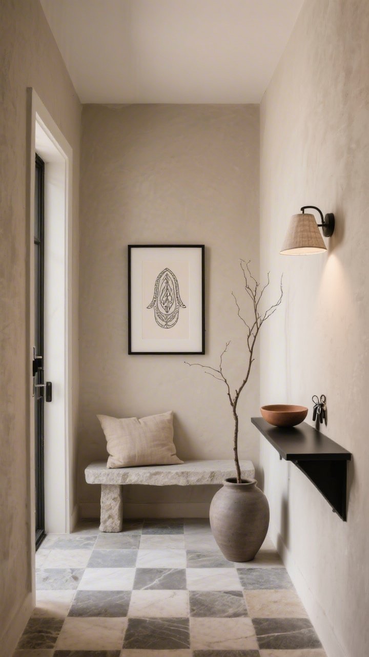 Straight-on medium shot of a serene entryway: warm greige walls with a minimalist line-art Hamsa print in a thin black frame at eye level; stone or concrete bench beneath with a natural linen cushion; slim black console to the side with a shallow clay bowl for keys; tall branch in a matte ceramic vase; checkerboard stone floor tiles grounding the space; a narrow wall sconce with a linen shade casting a soft welcoming glow; restrained, minimalist styling, photorealistic.