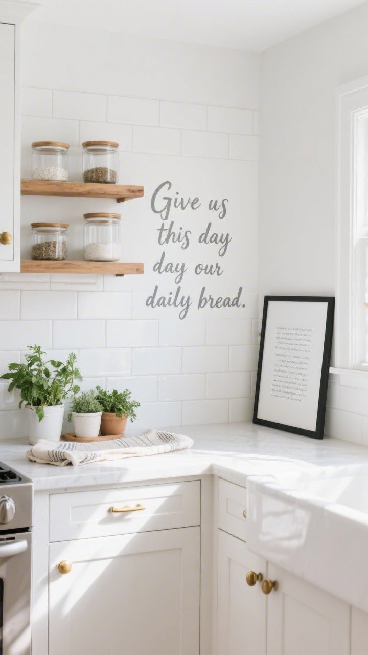 Straight-on medium shot of a sunlit minimal kitchen: matte white shaker cabinets, oak open shelves with clear glass canisters, brass pulls. The focal point is a hand-stenciled Scripture backsplash—soft graphite script repeating “Give us this day our daily bread” on white subway tiles. Add a simple black-framed print with a complementary verse near a breakfast nook edge, fresh herbs in small pots, linen tea towels, and a pale runner. Bright natural light, clean lines, palette of white, natural oak, brass, and graphite. Photorealistic, crisp, modern.