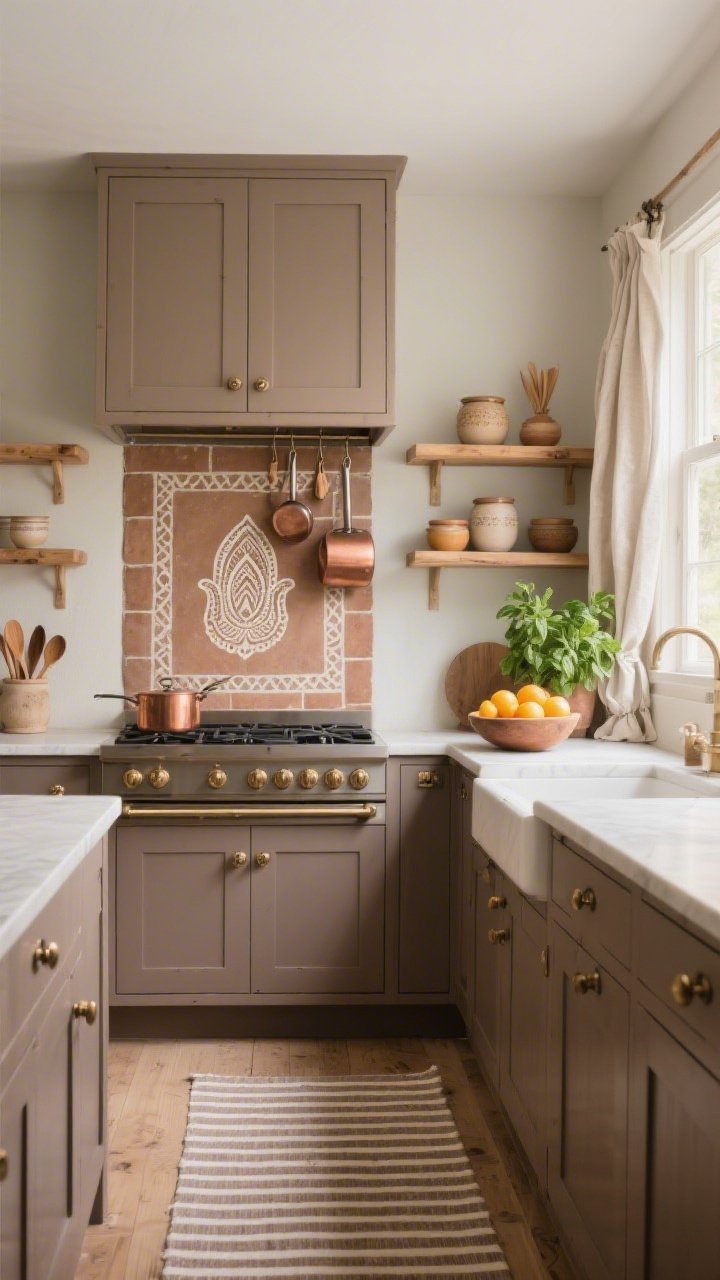 Straight-on medium shot of an earthy kitchen cooking zone: mushroom taupe cabinetry with bronze pulls; focal stripe behind the range featuring a hand-stenciled Hamsa pattern in cream on muted clay tiles; warm copper cookware hanging on a rail; open oak shelves with ceramic jars for wooden spoons; linen café curtains at the window; a striped runner on the floor; bowl of citrus and a potted basil plant for freshness; soft morning light, subtly rustic and charming, photorealistic.