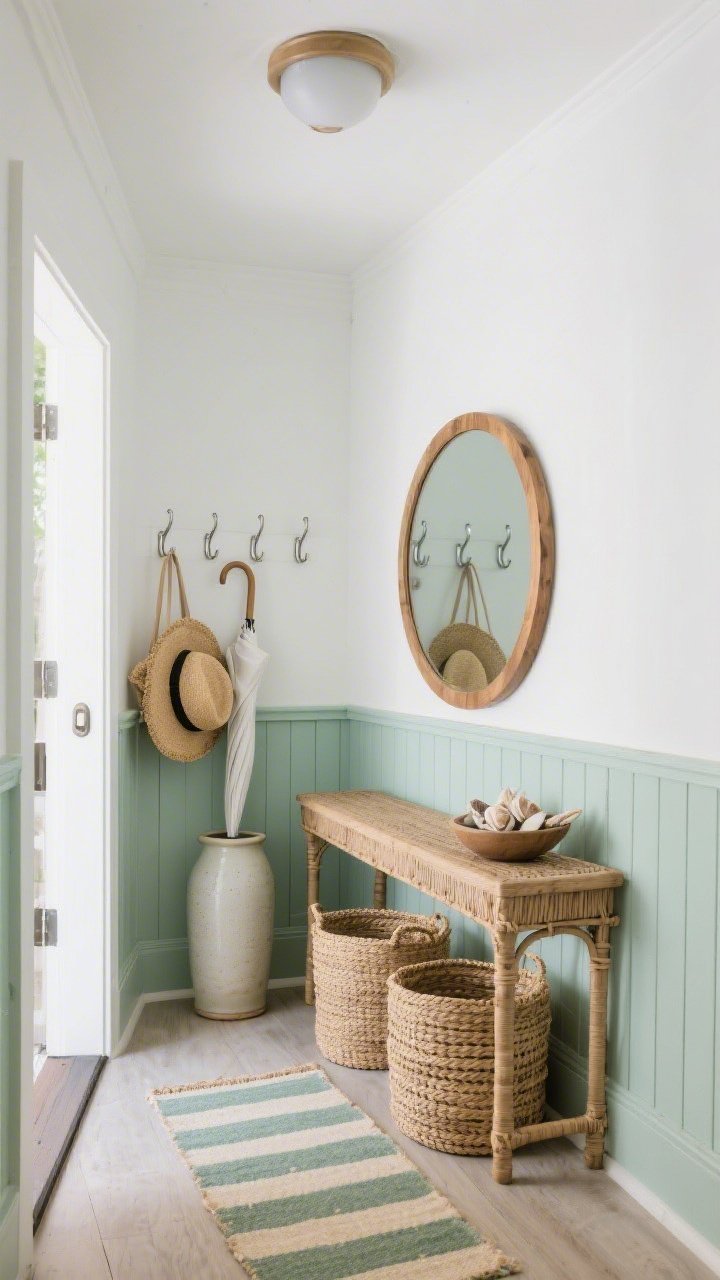 Straight-on medium-wide entryway: sage wainscoting wrapping the perimeter with warm white walls above; natural rattan console with slim profile; striped indoor-outdoor runner in sage and sand; round oak mirror above the console; tall ceramic umbrella stand beside; brushed nickel hooks holding straw hats and woven totes; lidded seagrass baskets tucked below for storage; woven drum flush-mount ceiling light; a small bowl of shells or driftwood on the console; breezy coastal-calm feel; no people; photorealistic.