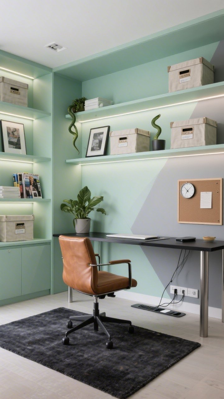 Straight-on medium-wide shot of a sleek home office: mint green built-in shelving with linear LED picture lights washing the shelves, a matte black desk with slim metal legs in front of a tonal geometric wall mural in two tones of mint plus soft gray. Include a cognac leather task chair, linen-front storage boxes and labeled magazine files on shelves, a low-pile charcoal rug defining the zone. Add subtle tech touches (cord grommets, under-desk cable tray, wireless charger) and focus boosters (live snake plant, simple pinboard, minimal clock). Clean, focused lighting, photorealistic.