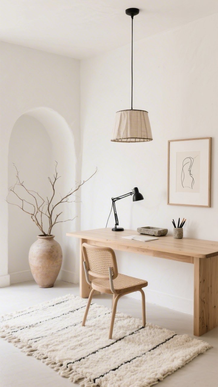Straight-on minimal composition, Minimalist Boho Calm: warm white limewashed walls with a single plastered arch alcove as focal point; slim oak writing desk with rounded corners and a papercord chair; low cream wool berber rug; oversized ceramic vase with sculptural branches on one side of the desk, stone tray with pens, and a single framed line drawing; linen drum pendant overhead and a matte-black task light on the desk; palette warm white, oatmeal, pale oak, soft black; serene, uncluttered mood; no people, photorealistic.