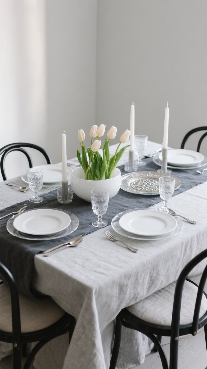 Straight-on minimalist medium shot: Linen and lucite table with clean lines and quiet luxury. Stone-gray linen cloth with a charcoal runner, matte-white coupe plates on clear lucite chargers for an airy feel. Centerpiece is a low white bowl packed with short-cut pale tulips, next to a sandblasted glass Seder plate that almost disappears. Brushed nickel flatware aligned precisely, frosted candleholders, smoke-glass goblets. Black metal chairs with linen slip seats. Palette of dove gray, charcoal, white, and clear. Calm, diffused natural light emphasizing textures, photorealistic.