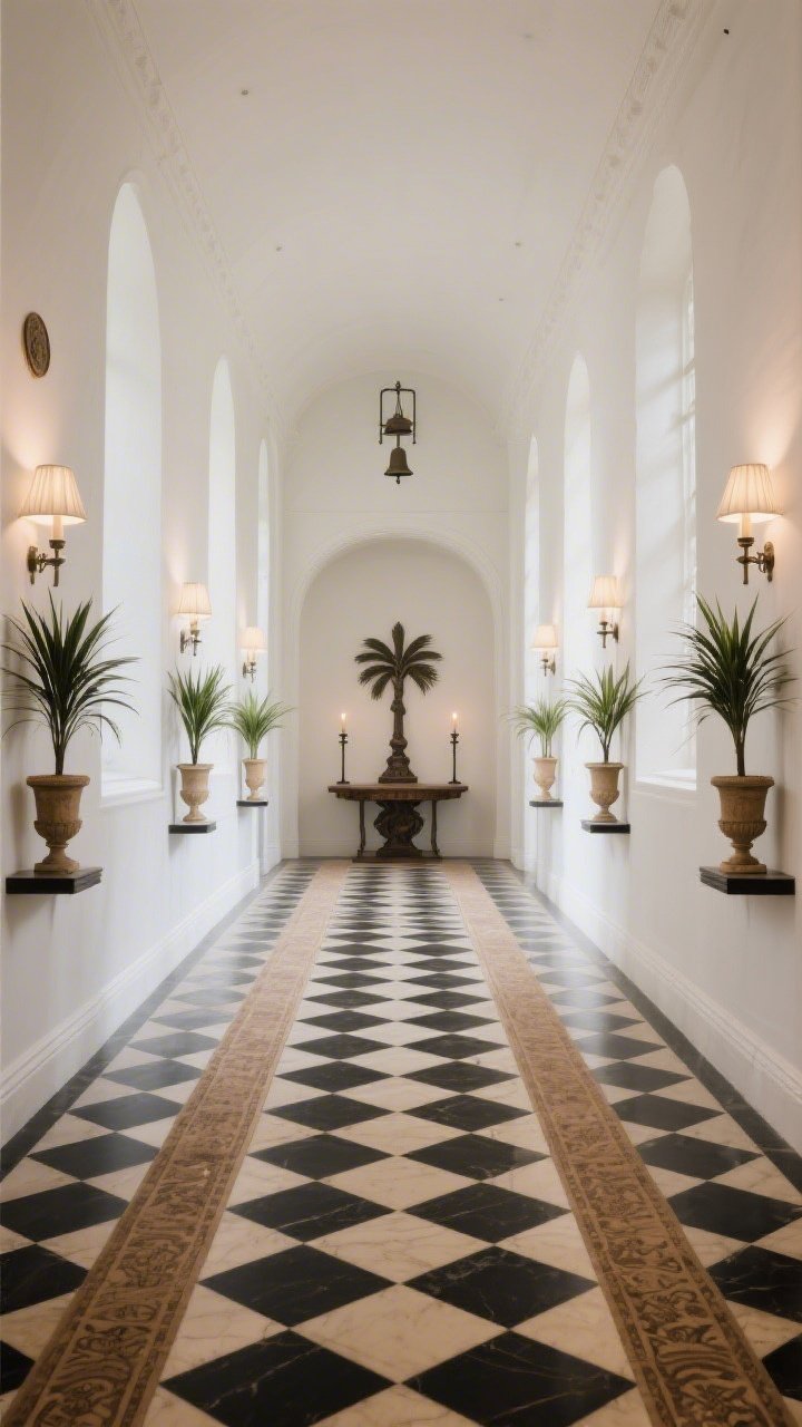 Straight-on wide hallway, Heritage Hall With Processional Drama: checkerboard floor tiles in black-and-cream (or tan-and-ivory) stretching down a long corridor; slim wall shelves evenly spaced, each displaying tall palm arrangements in matching urns like pillars; soft white walls with an antique runner adding quiet grandeur; at the end, a focal niche with a plinth table, sculptural cross or palm artwork, and a pair of standing candelabras; linen-shaded sconces along the walls creating a nave-like glow; discreet bell chime or small wall plaque detail; balanced, ceremonial symmetry; photorealistic lighting.