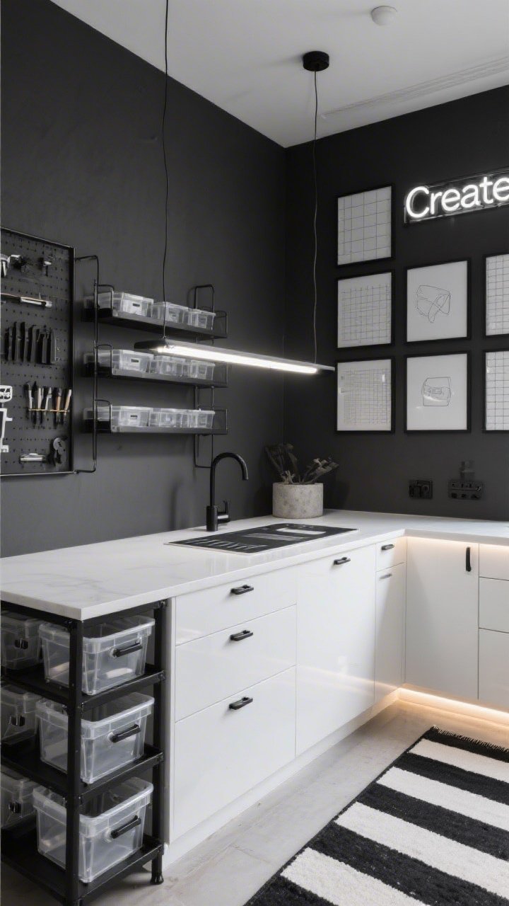 Straight-on wide shot: A modern monochrome maker’s lab with charcoal walls, bright white cabinetry, and matte black hardware; a glossy white island with built-in cutting mats centered under a crisp linear LED pendant, black metal shelving along one wall, acrylic drawers labeled in bold sans-serif font, magnetic tool strips, clear stackable bins, under-cabinet LED strips casting even task light; a gallery of black frames with grid paper and minimalist line art, a single neon “Create” sign, a concrete planter, and a black-and-white striped rug; high contrast, ultra-organized, photorealistic.