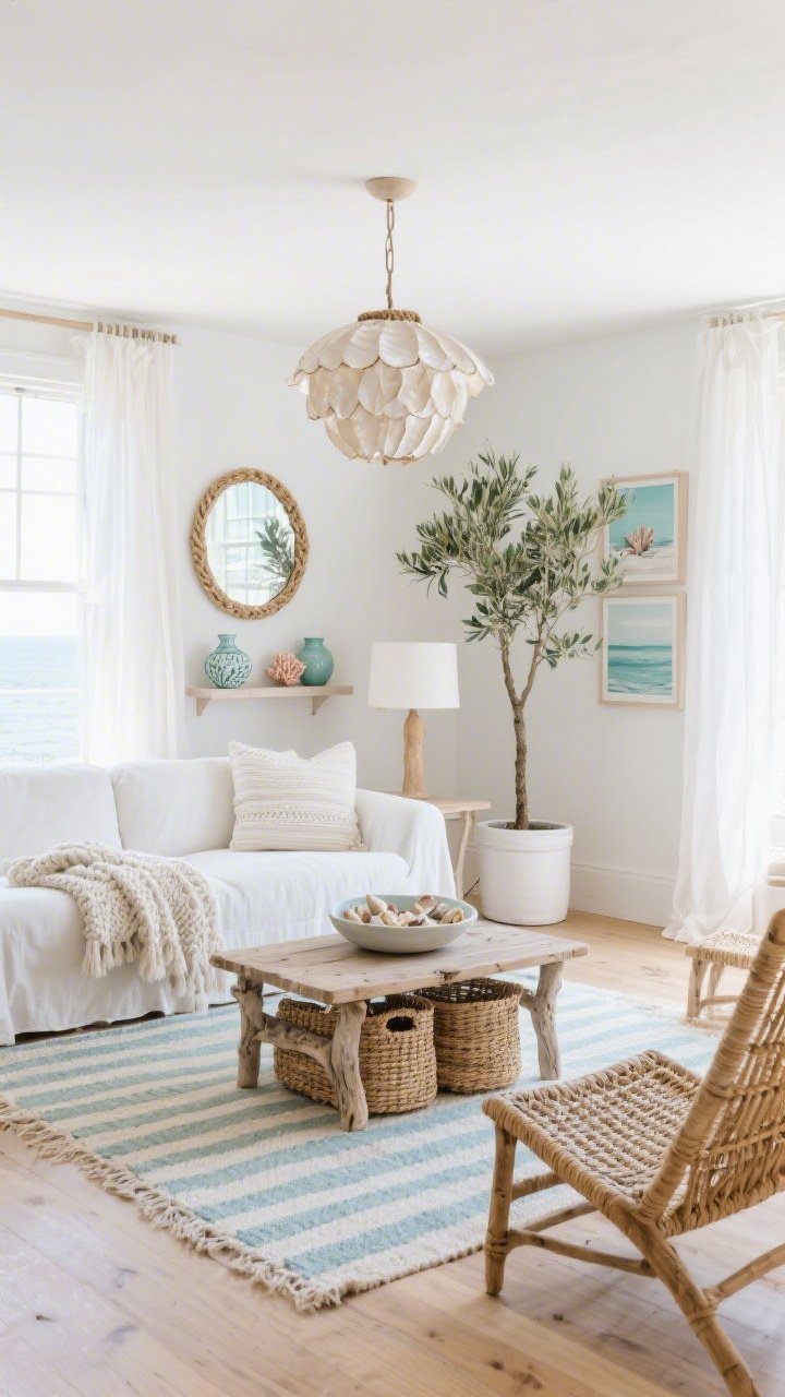 Straight-on wide shot, Coastal Boho Breeze: airy living room with a white slipcovered sofa, pale oak floors, and a chunky knit throw; palette of white, ivory, soft sea-glass blue; seagrass and driftwood coffee table, woven baskets for storage; striped flatweave rug, rattan lounge chairs adding warmth; coastal art prints and coral-inspired ceramics on simple shelves; sheer airy linen curtains framing bright windows; capiz shell pendant overhead and a bleached wood floor lamp; rope-wrapped mirror above, a minimal bowl of shells on the table, tall olive trees in white planters; fresh coastal light, photorealistic.