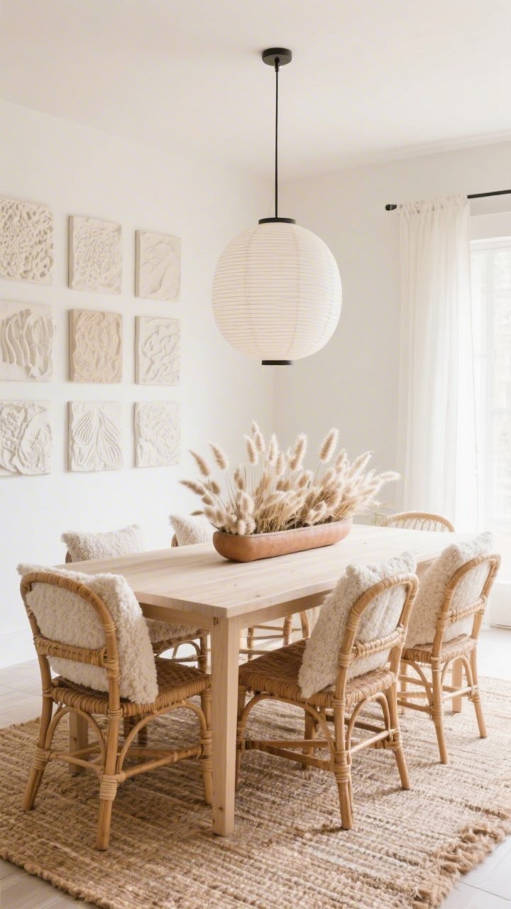 Straight-on wide shot: Creamy Minimal Boho dining room with a pale oak parsons table under a sculptural paper lantern pendant, surrounded by cane-back chairs with boucle cushions, a layered jute rug, walls hung with a grid of textured plaster art, and a long ceramic trough centerpiece filled with dried bunny tails; palette of chalk, oat, and soft caramel with soft daylight.