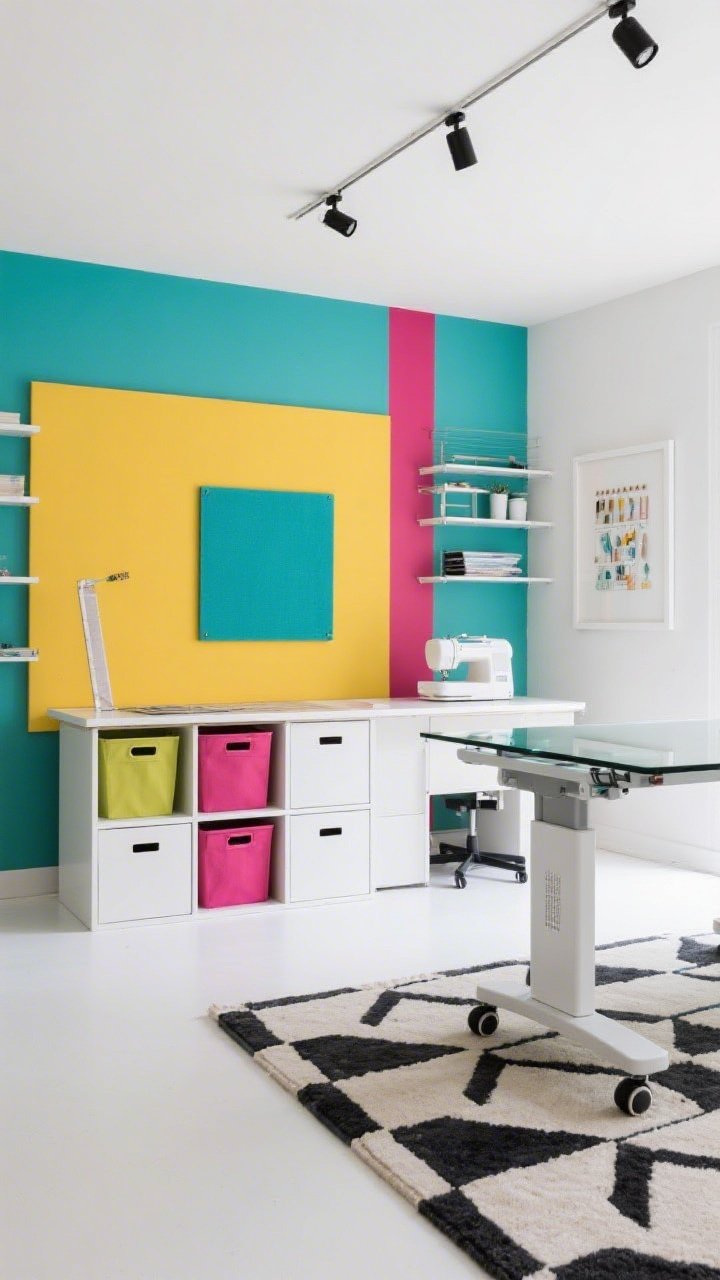 Straight-on wide shot: Modern Color-Blocked Atelier with precise bold color blocks—a marigold rectangle framing the cutting zone on the wall, a teal square behind the sewing station, and a raspberry stripe running behind open shelving; sleek white cube storage units with color-coded bins with matching handles; glass-top desk for detail work; height-adjustable island on hidden casters; oversized white-framed pinboard; geometric rug and matte black hardware; bright, even lighting, crisp and graphic, photorealistic.