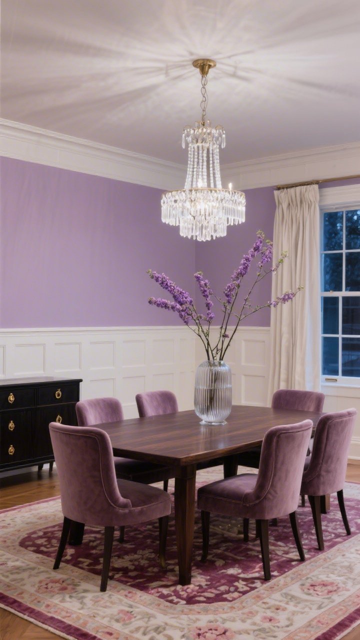 Straight-on wide shot of an elegant dining room with two-tone treatment: muted lavender on the upper walls and crisp white box wainscoting on the lower third; dark walnut dining table surrounded by dusty mauve velvet dining chairs; crystal linear chandelier sparkling overhead; vintage rug threading rose, plum, and cream; ivory linen pinch-pleat drapes at the window; black-stained wood sideboard with brass hardware and a centerpiece of tall lilac branches in a ribbed glass vase; evening ambient glow, photorealistic.