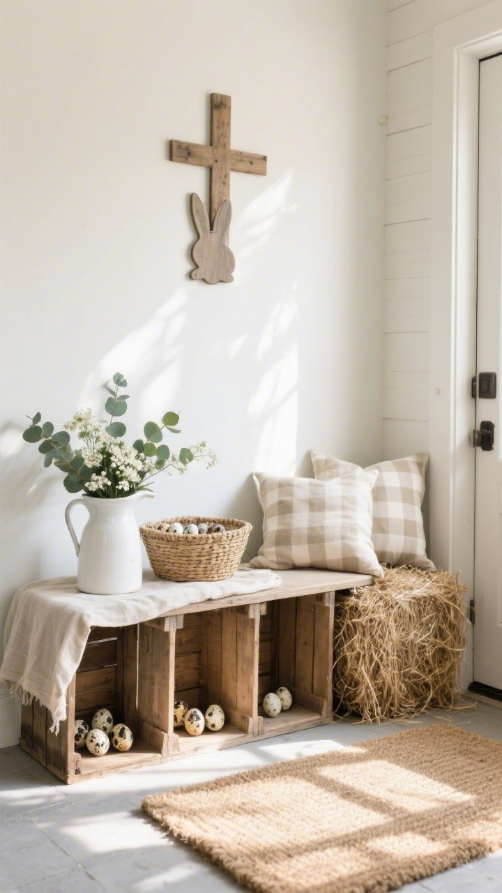 Sunlit entryway welcome nook, medium shot, straight-on view: three staggered wooden crates forming a low console beside a single hay bale used like a bench; a natural linen runner draped over the top crate; a white ceramic pitcher filled with eucalyptus and baby’s breath; a woven basket of speckled eggs; two neutral gingham pillows resting on the hay bale; jute doormat on the floor; simple wooden cross or rabbit silhouette on the wall above; color palette of warm whites, oat, sage, and soft gray; soft morning natural light creating gentle shadows; rustic farmhouse textures clearly visible.