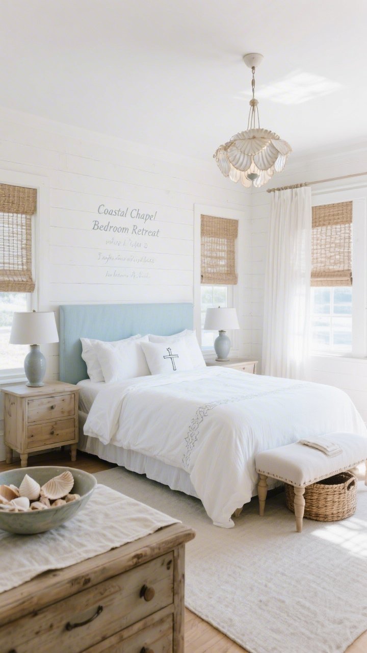 Wide, airy bedroom view: “Coastal Chapel Bedroom Retreat” in whites, powder blues, and driftwood tones; slipcovered bed with a crisp white duvet and subtly embroidered sacred-symbol shams, pale wood nightstands with matte ceramic lamps, a whitewashed shiplap headboard panel with a faint light-gray stenciled verse, a small upholstered prayer bench at the foot with a woven basket beneath, sheer curtains, woven shades, and a capiz shell chandelier catching morning light; a shell-filled bowl on a linen runner atop the dresser.