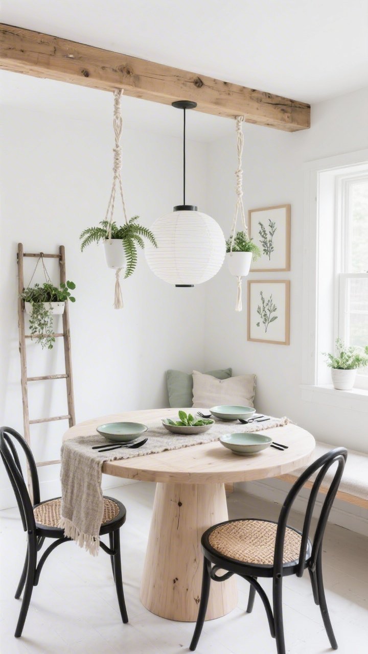 Wide, airy Scandinavian-boho dining nook with white walls, pale oak round pedestal table, and wishbone chairs with woven rush seats. From a simple wood beam, suspend a trio of cotton cord plant hangers holding white pots with delicate ferns at alternating heights. On the table, a nubby runner, stoneware plates, and matte black flatware are neatly styled. A shapely paper lantern pendant floats overhead, enhancing the light, modern feel. Add a ladder-back bench with a linen cushion and framed botanical sketches on the wall; a small hanging herb garden (thyme, mint, rosemary) by the window. Palette: white, pale oak, soft sage, matte black. Photorealistic, straight-on, bright natural light.
