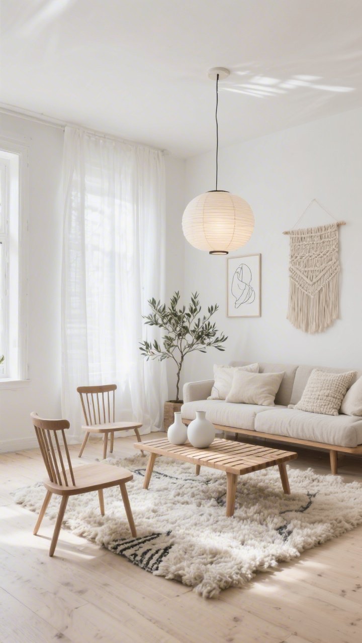 Wide, airy Scandinavian-Boho Sunbeam: white walls, bleached wood floors, gauzy ivory drapes lightly puddling; slim-profile oak sofa with textured bouclé cushions, maple slatted bench used as coffee table, pair of mid-century spindle chairs; thick Moroccan-style shag rug grounding the space; accents include linen pillows, matte white ceramic vases, and a single sculptural olive tree; paper lantern pendant diffusing soft light; minimal line drawings and a cream-toned woven wall hanging; Nordic calm, uncluttered styling, straight-on composition, daytime natural light, photorealistic.