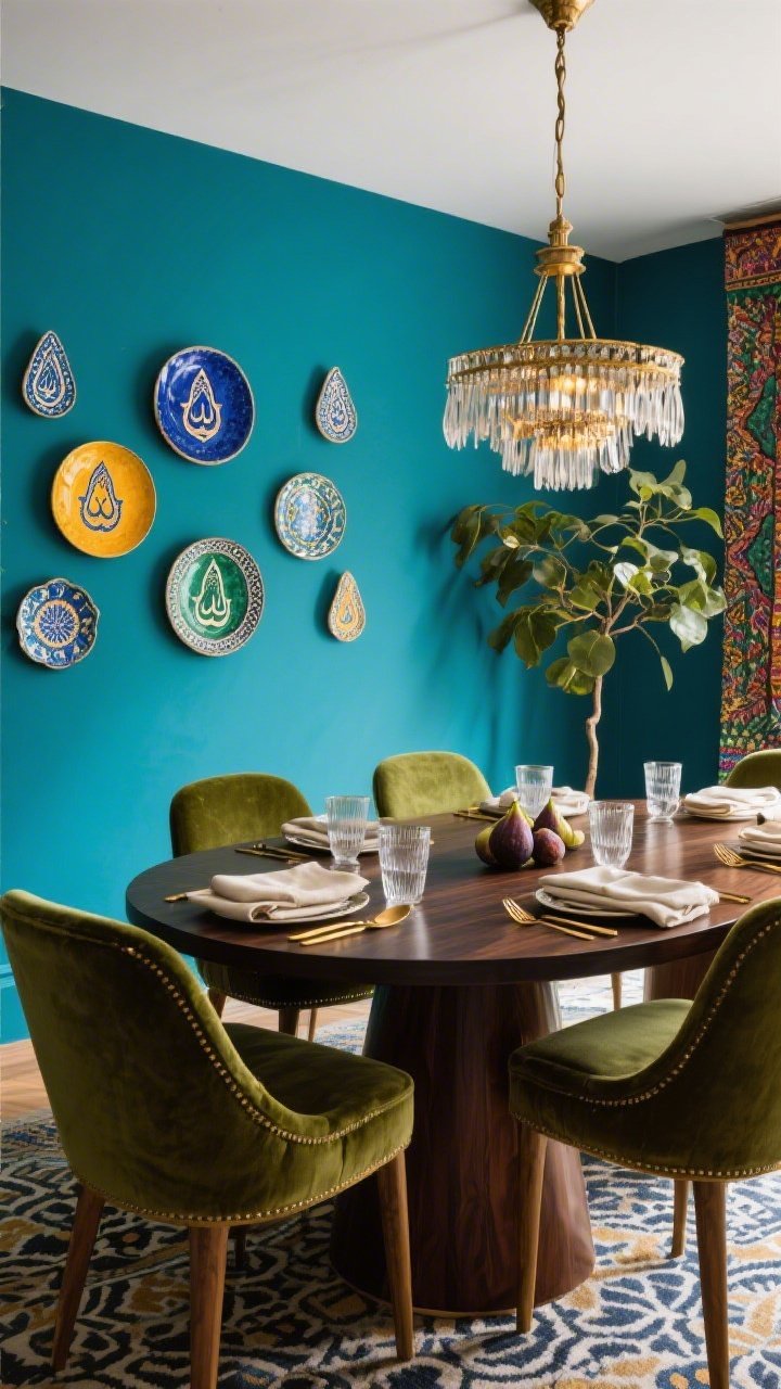 Wide-angle dining room in jewel tones: peacock blue walls showcasing a wall-mounted display of hand-painted Hamsa ceramic plates in cobalt, saffron, and emerald; dark walnut dining table with rounded edges; upholstered dining chairs in mossy velvet; brass flatware, linen napkins, and smoke-glass tumblers styled on the table; aged brass modern statement chandelier overhead; fig tree in the corner and a patterned table runner; rich, celebratory ambiance with balanced ambient and chandelier light, photorealistic.