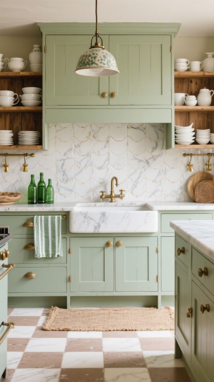 Wide-angle, English cottage kitchen, straight-on: sage Shaker cabinets with aged brass hardware; soft Calacatta marble (or lookalike) counters with delicate veining; open oak shelves displaying stacked whiteware and a few green glass bottles; farmhouse sink with polished nickel faucet; checkerboard floor in warm white and taupe; backsplash of handcrafted white zellige with glossy wavy finish; brass library lights over shelves and a single glazed ceramic pendant; textiles include a sage-striped tea towel and a jute runner; cozy, charming mood; no people; photorealistic.