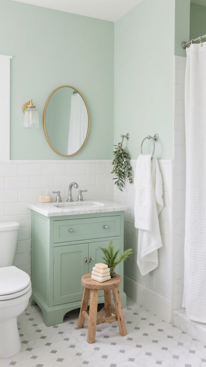 Wide bathroom shot, straight-on: Pale pistachio walls with porcelain white tile accents, crisp chrome fixtures. Shaker-style vanity painted pistachio, topped with white quartz; rounded-edge brass-framed mirror above. Frosted glass sconce provides soft illumination. Small-scale white hex tile floor with subtle gray grout. Open wood stool holding neatly stacked soaps and a tiny fern. Fluffy white towels and a waffle robe hanging on a peg rail; pale eucalyptus shower curtain. Calm, spa-like brightness, photorealistic.