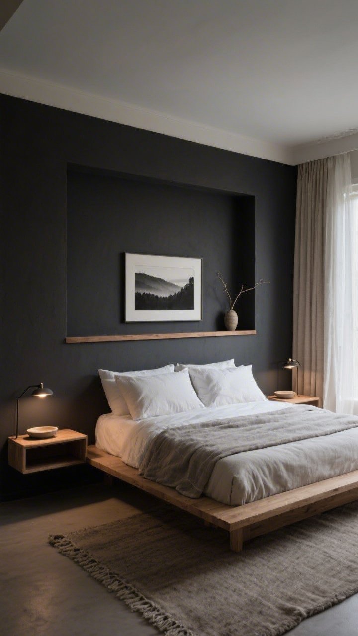 Wide bedroom shot, low angle toward headboard wall: A warm charcoal-painted bed wall featuring a shallow full-width niche with integrated oak lip shelves acting as streamlined bedside surfaces; low natural-oak platform bed dressed in stonewashed linen bedding in fog and ecru; each side shelf holds a small reading light, a ceramic dish, and a single twig in a bud vase; framed black-and-white landscape centered in the niche; thick undyed wool runners on each side of the bed; curtains in double layers—sheer white over oatmeal blackout; soft, moody evening ambiance; hotel-level calm; photorealistic.