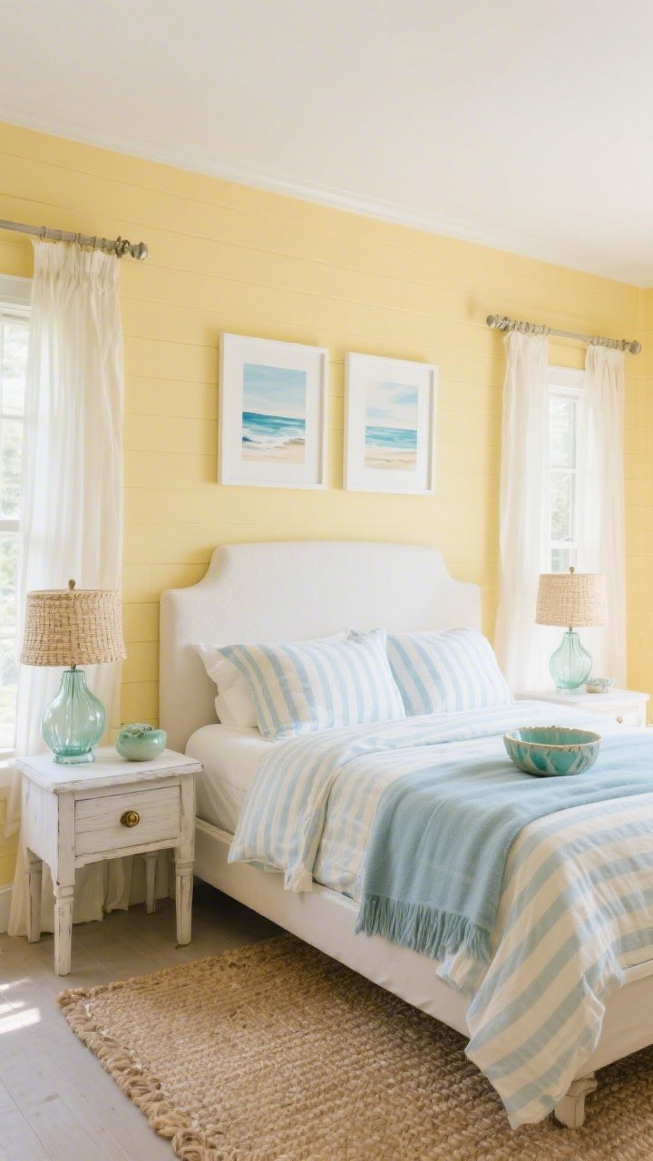 Wide bedroom shot, straight-on: Breezy coastal bedroom with butter yellow walls and a seasalt white upholstered headboard, striped linen bedding in pale blue and cream, bedside tables in whitewashed wood, glass lamps with woven shades, airy cotton voile curtains, a jute rug, soft watercolor seascapes in white frames above the bed, brushed nickel or weathered brass hardware accents, a pale sky-blue throw and a ceramic bowl in sea glass green on the nightstand; calm, sunlit beach-cottage vibe, photorealistic.