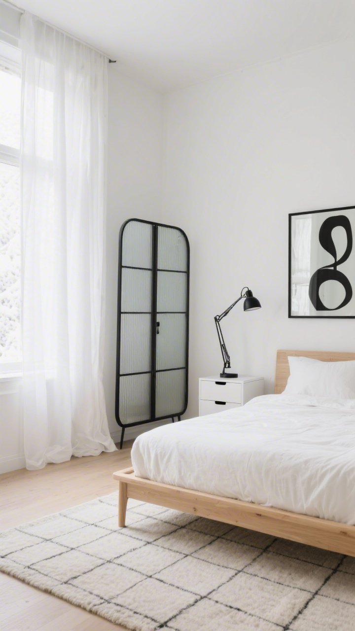 Wide, bright, straight-on shot: A Scandinavian-leaning Japandi bedroom with soft white walls and sheer white curtains diffusing snow-like light. A blonde wood bed dressed in white percale sheets and a light ivory duvet. Clean black linework accents: white lacquer bedside tables with black pulls, slim black-framed wardrobe with ribbed glass doors, sculptural black swing-arm reading lamps, and black-outline abstract art. A single black-framed mirror reflecting light. Underfoot, a pale wool rug with a faint grid pattern. Airy, gallery-clean yet cozy, photorealistic.