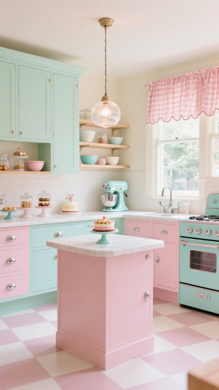 Wide, cheerful bake shop kitchen scene: pastel cabinets in buttermint and blush with a deeper pastel freestanding island; milk-glass globe lights overhead; cream-and-blush checkerboard linoleum floor; chrome and porcelain hardware gleaming; open shelves styled with cake stands, mixing bowls, glass cookie jars, and a matching pastel stand mixer; gingham café curtains and scalloped shelf trim; a vintage-style pastel range or colorful SMEG as the focal point; bright, soft daylight for playful retro whimsy, no people, photorealistic.