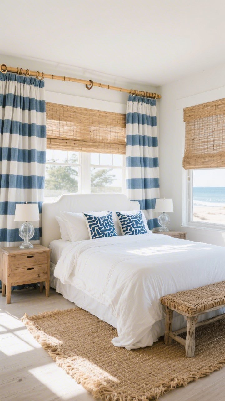 Wide coastal angle, sunlit afternoon: A beachy-elegant bedroom with blue-and-white ticking stripe curtains hung on a natural bamboo pole with simple rings, panels breaking subtly at the floor; white slipcovered bed with crisp white bedding, seagrass rug, weathered oak nightstands, clear glass table lamps, a couple of indigo block-print pillows, and a woven bench at the foot of the bed; Roman shades in natural woven wood layered behind; light-filtering ambiance, airy and sunlit, photorealistic.