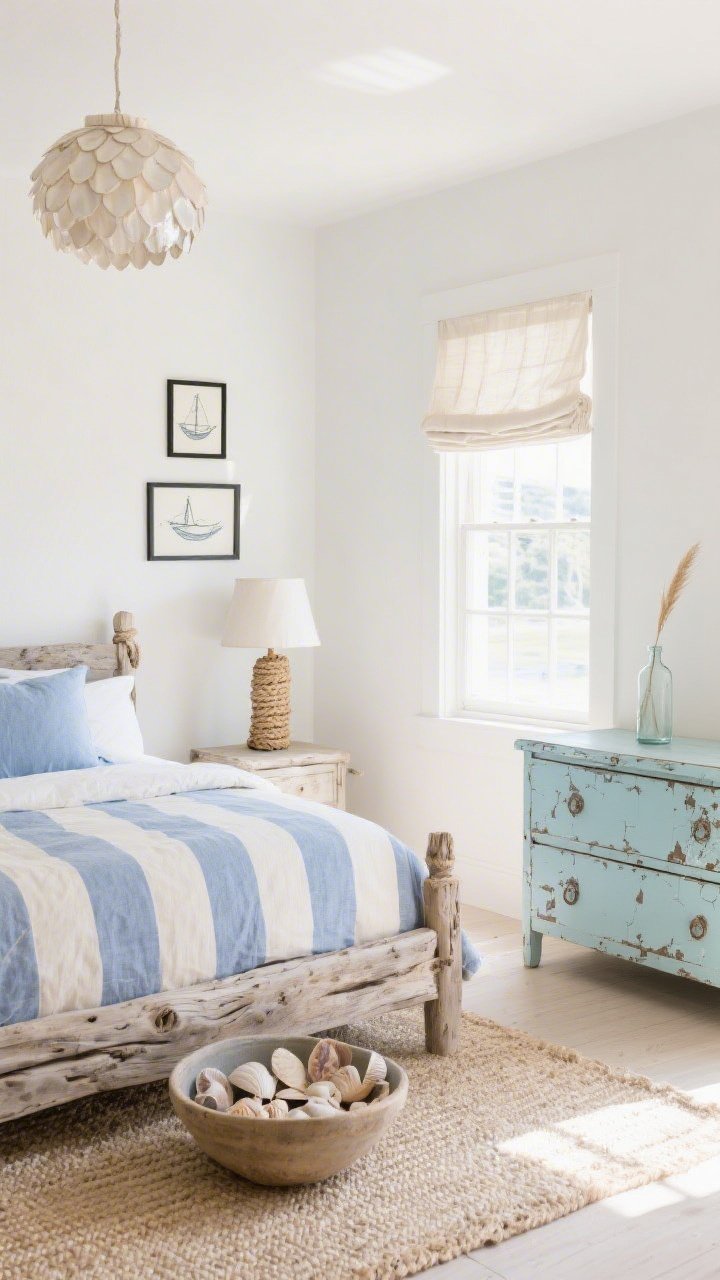 Wide coastal bedroom shot, sunwashed and airy: warm white walls, a weathered driftwood bed with blue-and-cream ticking stripe duvet and soft chambray shams. Floor grounded by a bleached jute rug. A vintage dresser in pale duck-egg blue with crackled paint stands nearby. Decor on surfaces: a bowl of collected shells, a slim glass bottle with a single dried reed, nautical sketches in thin black frames on the wall. Windows dressed with lightweight linen shades letting light pour in. Lighting includes a rope-wrapped table lamp and a capiz shell pendant adding breezy shimmer. Gentle, beachy, salt-kissed textures; no clichés.