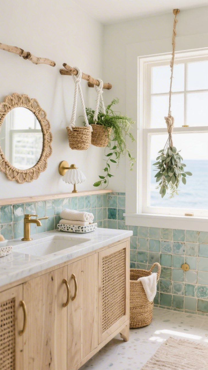 Wide, coastal boho bathroom oasis bathed in natural window light: zellige-style sea-glass tiles, light oak fluted vanity, matte brushed brass hardware. Replace shelves with hanging planters by the window—white rope, driftwood dowels, and coco fiber–lined baskets cradling trailing ivy and spider plants. Include a round rattan mirror over the vanity, a scalloped sconce, rolled fluffy towels in a cane-front cabinet, a terrazzo soap dish, and a woven laundry basket. A eucalyptus shower bundle hangs to evoke spa-like steam aromatherapy. Palette: seafoam, sand, white, brushed brass. Photorealistic, straight-on with gentle coastal brightness.