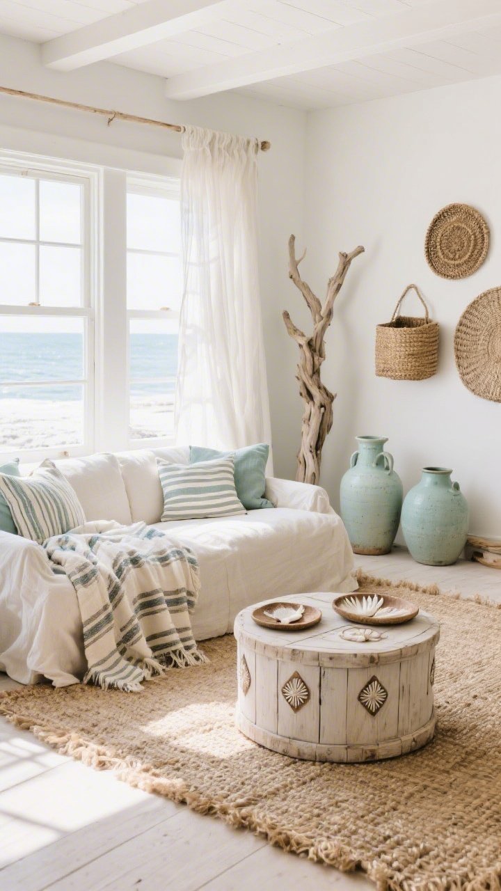 Wide coastal lounge: Light-filled Coastal Boho living space with a slipcovered linen sectional draped in layered striped Turkish blankets, a bleached wood drum coffee table holding shell-inlay trays, airy gauze curtains at sunlit windows, chalky white and seafoam ceramic jugs arranged nearby, a textured seagrass rug grounding the room, plus driftwood sculpture and woven wall baskets; breezy, barefoot mood.