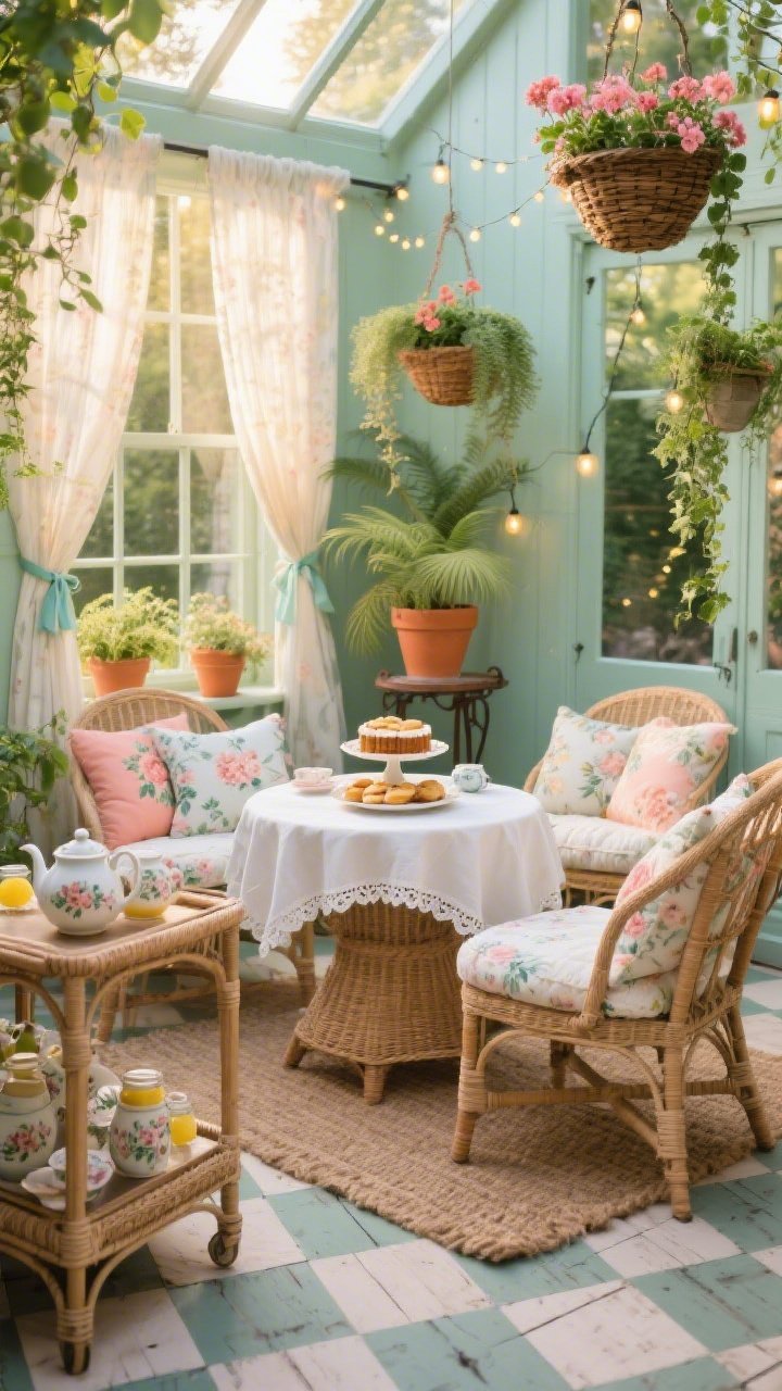 Wide conservatory view: Sun-poured tea room filled with wicker chairs layered with eiderdown cushions in candy florals around a small round table draped in a scalloped cloth, topped with a tiered cake stand for scones. Terracotta pots of geraniums, ferns, and trailing ivy cluster on a vintage plant stand; palette of celadon, white, soft coral, and leafy green. Sheer café curtains tied with ribbon at tall windows; floor is checkerboard painted wood with a jute rug for texture. A rattan bar cart holds teapots, floral china, and lemon curd jars. Fairy lights woven through hanging baskets add a magical evening glow, photorealistic.