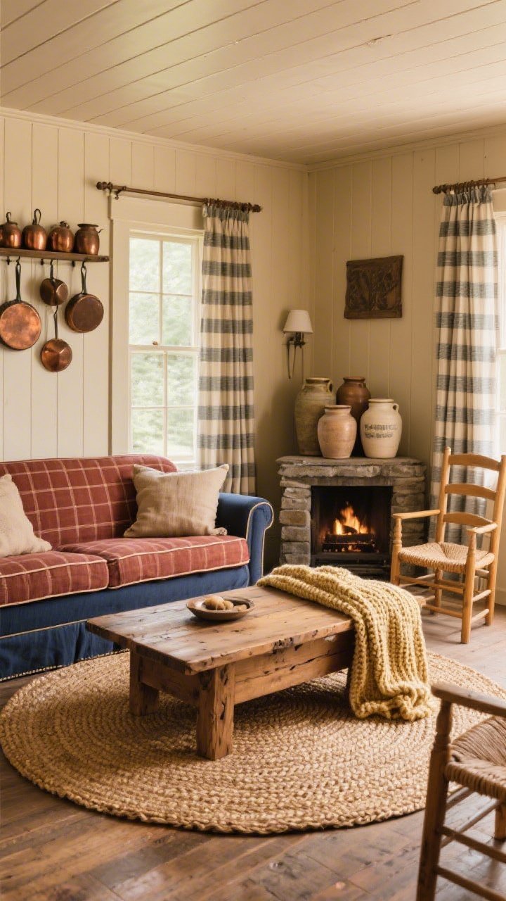 Wide, Country Hearth Mix: warm beige/clay walls with a beadboard ceiling, a large gingham sofa in russet (or navy) with piped cushions and a couple of feed-sack pillows. A knotty oak wide-plank coffee table at center, ladder-back chairs with rush seats to the side. A wall rack displays a cluster of copper pans; stoneware crocks are stacked beside a fireplace. Ticking-striped curtains frame windows; a braided oval rug grounds the space; a chunky knit throw drapes casually. Golden, homey ambient light, comfort-first mood.