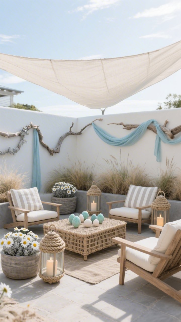 Wide courtyard shot with soft coastal daylight and a faint breeze: teak lounge chairs with striped sand-and-ivory cushions arranged around a woven coffee table; sea grass planters filled with white daisies and silvery dusty miller; rope-wrapped lanterns with flameless candles glow subtly; driftwood garlands intertwined with soft-blue ribbon drape along a wall; ceramic eggs in sea glass tones accent the table; a linen canopy or shade sail overhead; sand, ivory, sea glass blue, driftwood gray palette; relaxed, beachy elegance; photorealistic.
