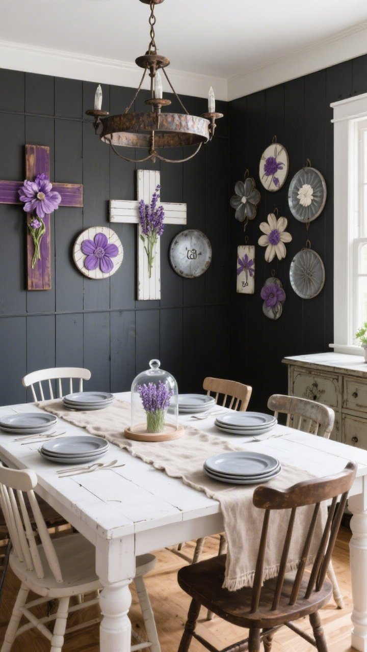 Wide dining room, corner angle capturing a modern farmhouse feel: a whitewashed farm table with mixed spindle-back chairs, casual flax runner and dove gray stoneware plates set atop; a charcoal shiplap accent wall hosts a salon-style cluster of floral cross plaques in varied sizes (8" to 24"), including plum-stained wood, white beadboard with violet blooms, and a galvanized metal version with painted petals; overhead, a hammered iron chandelier adds rustic weight; on the table, a glass cloche encasing fresh lavender as a simple centerpiece; antique sideboard partially visible; palette of charcoal, plum, linen, whitewash; photorealistic, warm and collected.