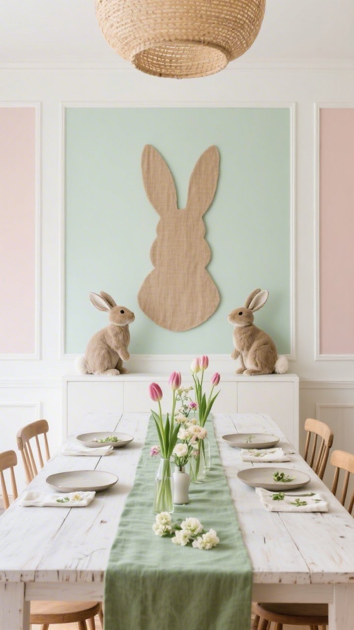 Wide dining room scene, straight-on: backdrop of soft pastel panels in sage and blush bordered by slim white picture frame molding. Centered grand bunny silhouette in warm linen texture, flanked by two smaller bunnies with neatly sewn cotton tails. Whitewashed oak table set with simple stoneware plates and pressed-flower napkins, spindle-back chairs. Overhead woven pendant casting soft, organic light. A row of slim bud vases with tulips and ranunculus down a soft green runner. Airy springtime mood, photorealistic.