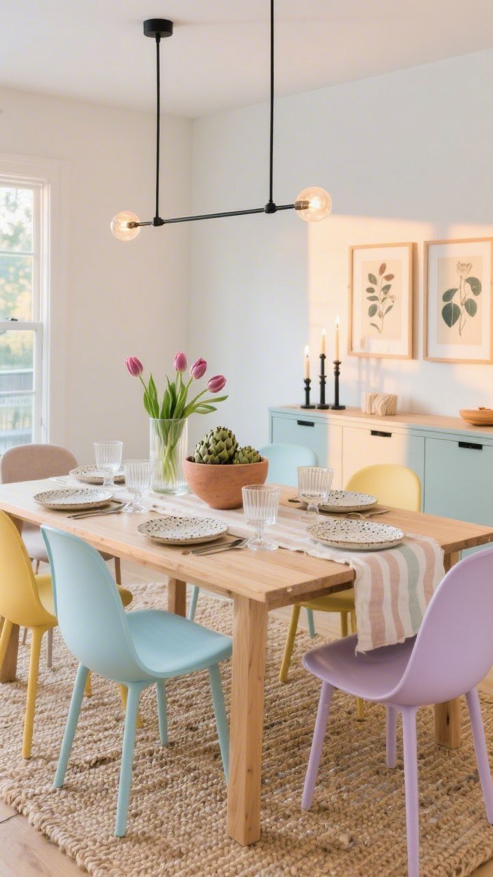 Wide dining room scene with pastel play: natural jute rug grounding a light oak dining table, mismatched pastel chairs in powder blue, butter yellow, and soft lilac around the table, modern linear chandelier overhead, center styling with a clay bowl of artichokes and tulips in a clear cylinder vase, place settings of stonewashed linen napkins and speckled ceramic plates, ribbed glassware catching light, sideboard with framed still-life art above, runner in soft stripe and mixed-height candlesticks down the center; palette pastels + warm wood + matte black hardware; bright, cheerful early evening glow with warm bulbs