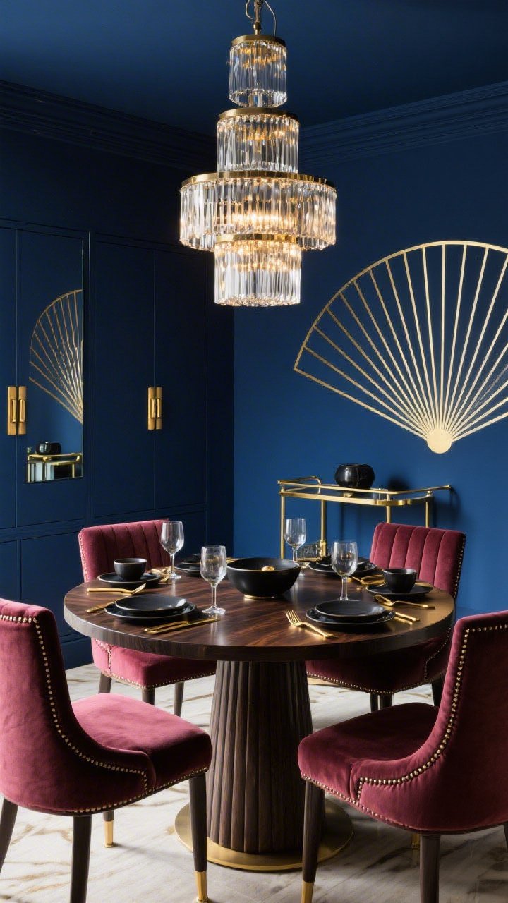 Wide dining room shot, slight low angle: An Art Deco dining room with a matte midnight blue accent wall adorned with geometric polished gold inlay lines forming a fan/chevron pattern. Centered is a round pedestal table with a dark-stained wood top, surrounded by channel-tufted velvet chairs in merlot. Overhead, a tiered glass chandelier casts shimmering highlights across the walls. Details include gold cabinet pulls, a sculptural bar cart with mirrored shelves, and a tabletop set with black stoneware, gold flatware, and smoky glassware. Palette: midnight blue, merlot, dark wood, polished gold. Bold, refined, supper-club glamour.