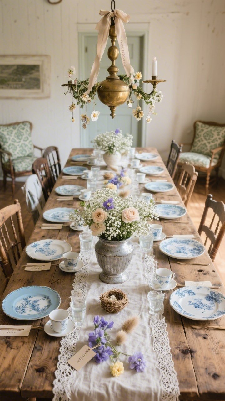 Wide dining room shot, slightly overhead angle: A long scrubbed-pine farmhouse table with timeworn dents, set with a lace tablecloth beneath scattered soft blue and greige transferware plates and petite teacups used as water glasses. A runner of muted florals in buttercream and dusty lilac stretches down the center, leading to a weathered silver urn centerpiece overflowing with baby’s breath, pale ranunculus, and dried bunny tails. Antique balloon-back chairs in mismatched stains, some with sage damask cushions, ring the table. A low-hung aged-brass chandelier is garlanded with silk ribbon and tiny pressed-flower charms. Include place cards clipped to miniature nests and linen chair sashes in muted cornflower. Soft afternoon glow for a cozy, gathered ambiance.