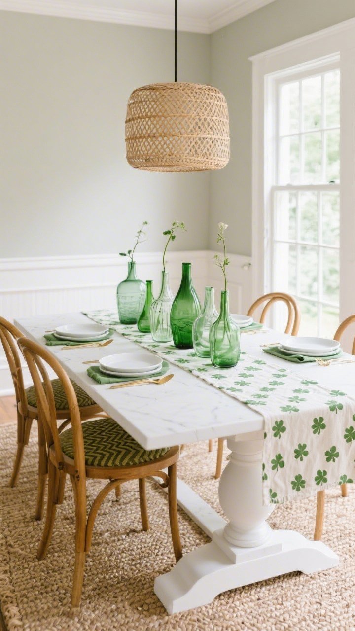 Wide dining room view from a slight corner perspective: white pedestal table centered with bentwood chairs upholstered in olive herringbone; linen table runner printed with minute shamrocks in tonal greens as the focal point; cluster of mismatched green glass vases down the center, each with a single stem; woven rattan pendant overhead casting soft patterned light; pale greige walls with crisp white trim, natural jute rug on the floor; tabletop set with matte white plates, jade napkins, slim brass flatware; airy conservatory vibe, bright natural daylight.