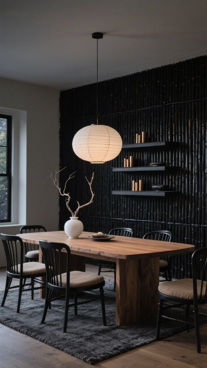 Wide dining scene, slightly off-center perspective: A dramatic yet calming dining room featuring a blackened bamboo panel accent wall with satin finish and three asymmetrically placed tiered ledge shelves in ink-black; shelves sparsely styled with brushed-bronze candleholders, a white ikebana vase, and a single sculptural branch; solid natural-finish oak dining table with rounded corners and black spindle-back chairs with taupe linen seats; oversized rice-paper pendant hung low over the table; flat charcoal wool rug grounding the space; strong contrast with ample negative space; soft, moody evening lighting; photorealistic.