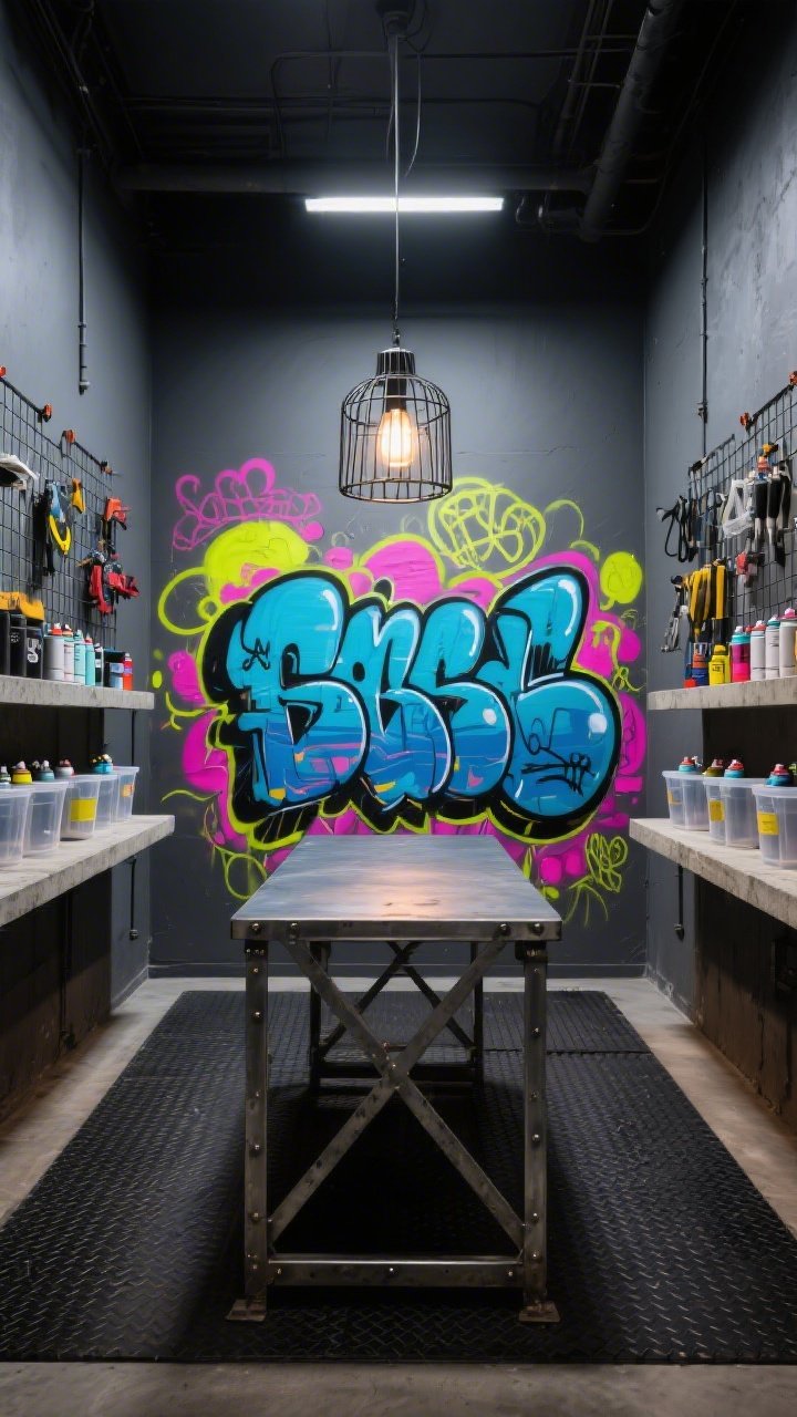 Wide, dramatic angle: Electric Urban Graffiti Lab with one wall covered in a custom graffiti mural in electric cobalt, magenta, and neon yellow; surrounding walls charcoal gray; a central industrial steel table under a cage pendant light; wire grid panels on the sides holding tools with magnetic clips; concrete-look shelf lined with clear tubs of spray paint; rubber floor mat for comfort; high-contrast, energetic mood, photorealistic.