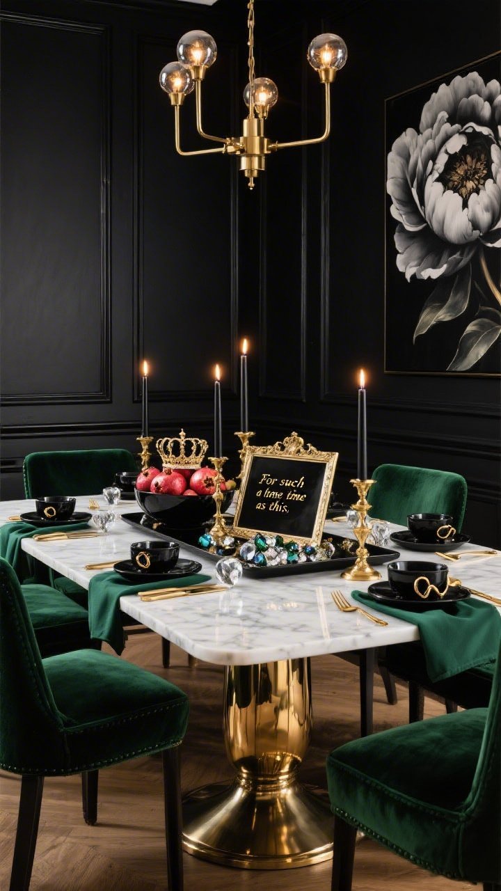 Wide, dramatic black-and-gold dining room: inky charcoal walls, high-gloss black trim, deep emerald velvet chairs around a marble-topped pedestal table reflecting candlelight. Centerpiece on a long black lacquer tray—antique gold candlesticks at varied heights with black tapers lit, a crown-shaped bowl filled with pomegranates, and a smoked-mirror plaque etched “For such a time as this,” with scattered faceted glass gems for sparkle. Modern brass chandelier with globe bulbs overhead; table set with black stoneware, gold flatware, emerald linen napkins with onyx rings; oversized moody peony artwork on dark ground. Glamorous, feast-ready glow.