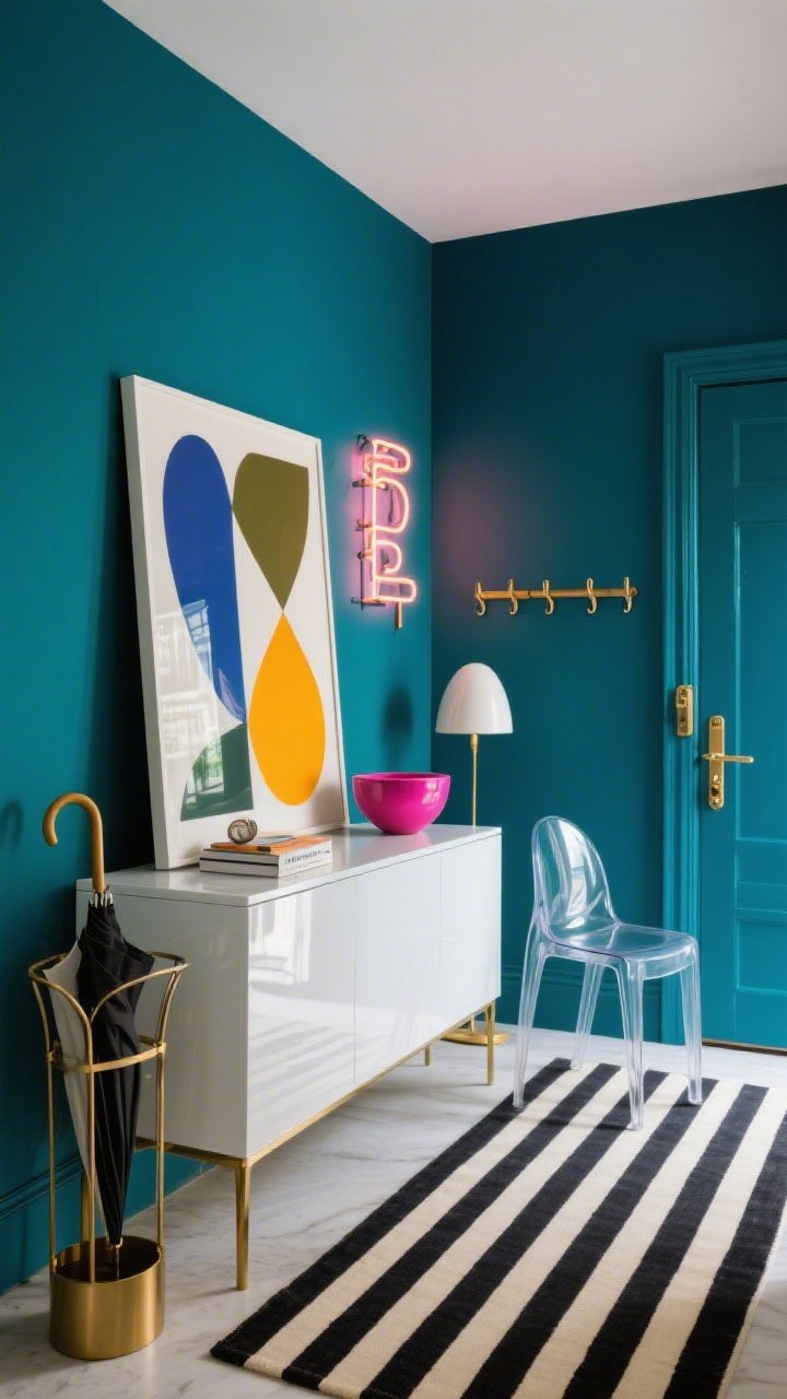 Wide, dynamic corner-angle photorealistic shot of a bold color-pop entry: walls painted deep teal/inky blue; a high-gloss lacquered white console with a large abstract art piece in graphic shapes leaning on it; striped runner in black and cream along the floor; sleek brass umbrella stand beside the console; a neon-style LED sign glowing on the wall (or a sculptural table lamp) adding playful light; a transparent ghost chair tucked to one side; brass door handles visible and a modern hook rail; accent pop in citrus or fuchsia via a bright ceramic bowl on the console and a small object on the art books; graphic, high-contrast mood, no people.
